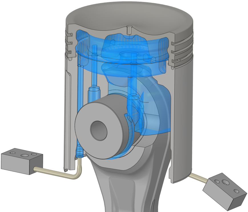 Grundlage für das Modell zur numerischen Strömungssimulation ist das Strömungsgebiet, das aus der Kolbengeometrie abgeleitet wird. Das Strömungsgebiet beinhaltet den inneren und den äußeren Kühlraum, die Verbindungskanäle zwischen den Kühlräumen, so wie das Öleinlass- und Ölauslasssystem. Zusätzlich wurde das Strömungsgebiet im Inneren des Kolbens inklusive Pleuel berücksichtigt.